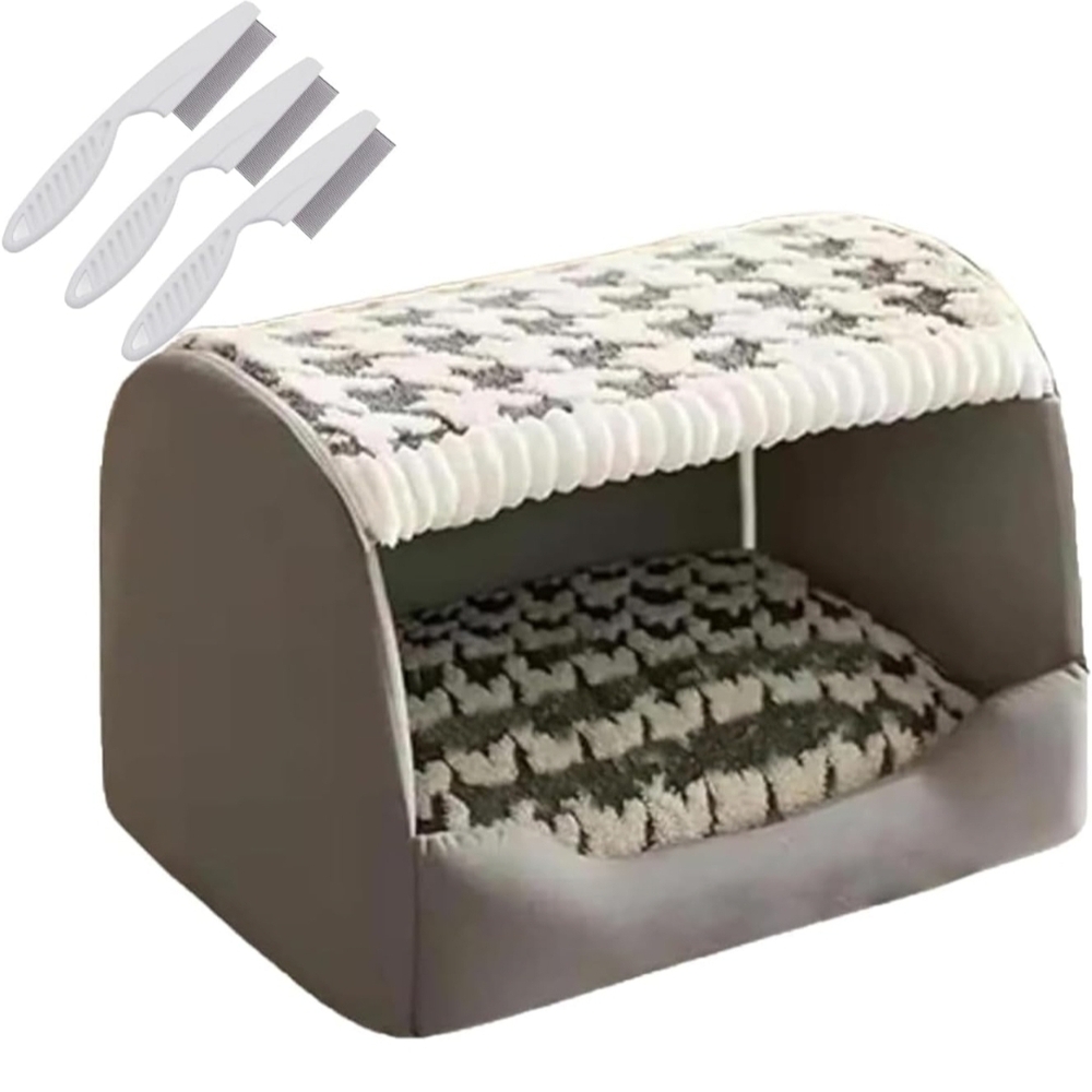 Plush Gray Dog Bed with Patterned Cover